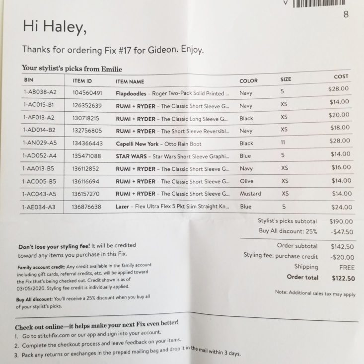 Stitch Fix Kids Boys March 2020 invoice