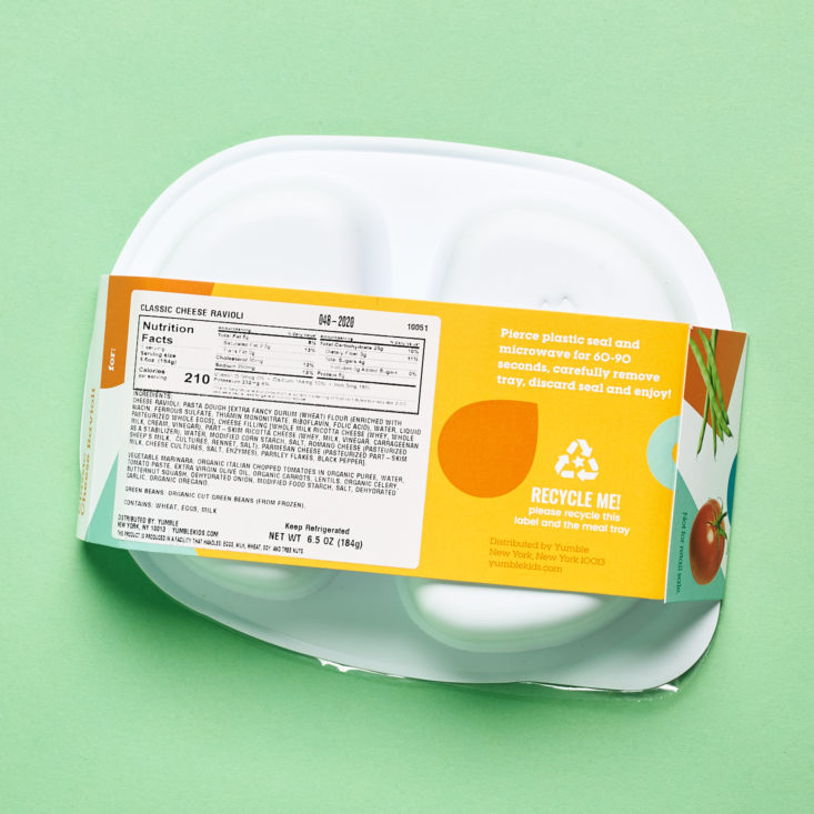 Yumble Subscription nutrition facts for ravioli meal