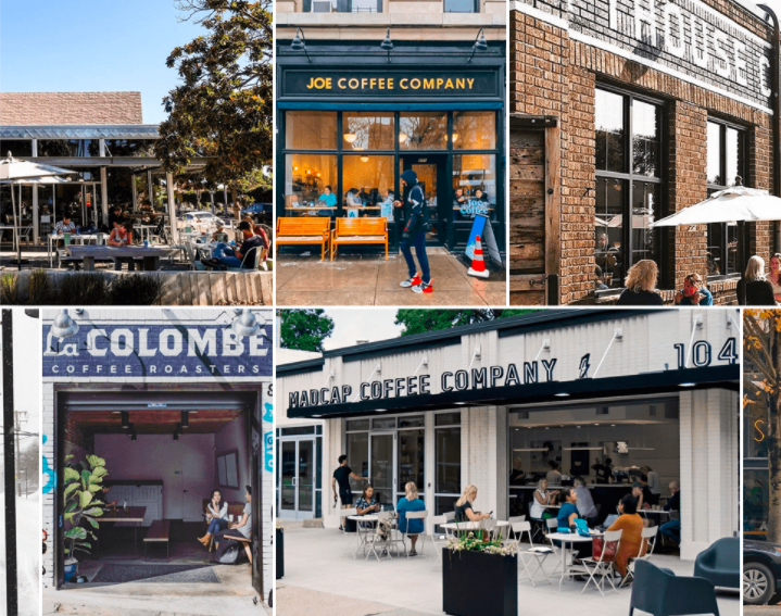 Collage of some of the indie roasters' storefronts who are supported by Trade Coffee.