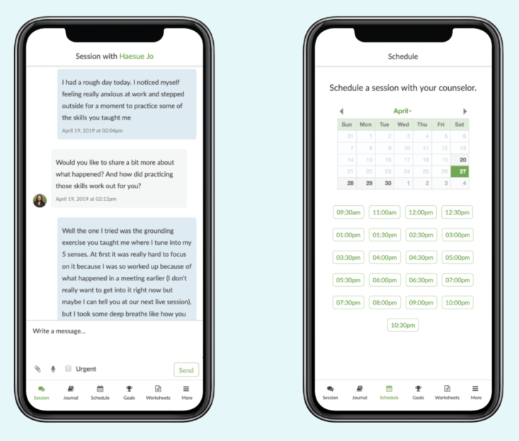 2 smartphone screens demonstrating the text and calendar feature of Betterhelp's app