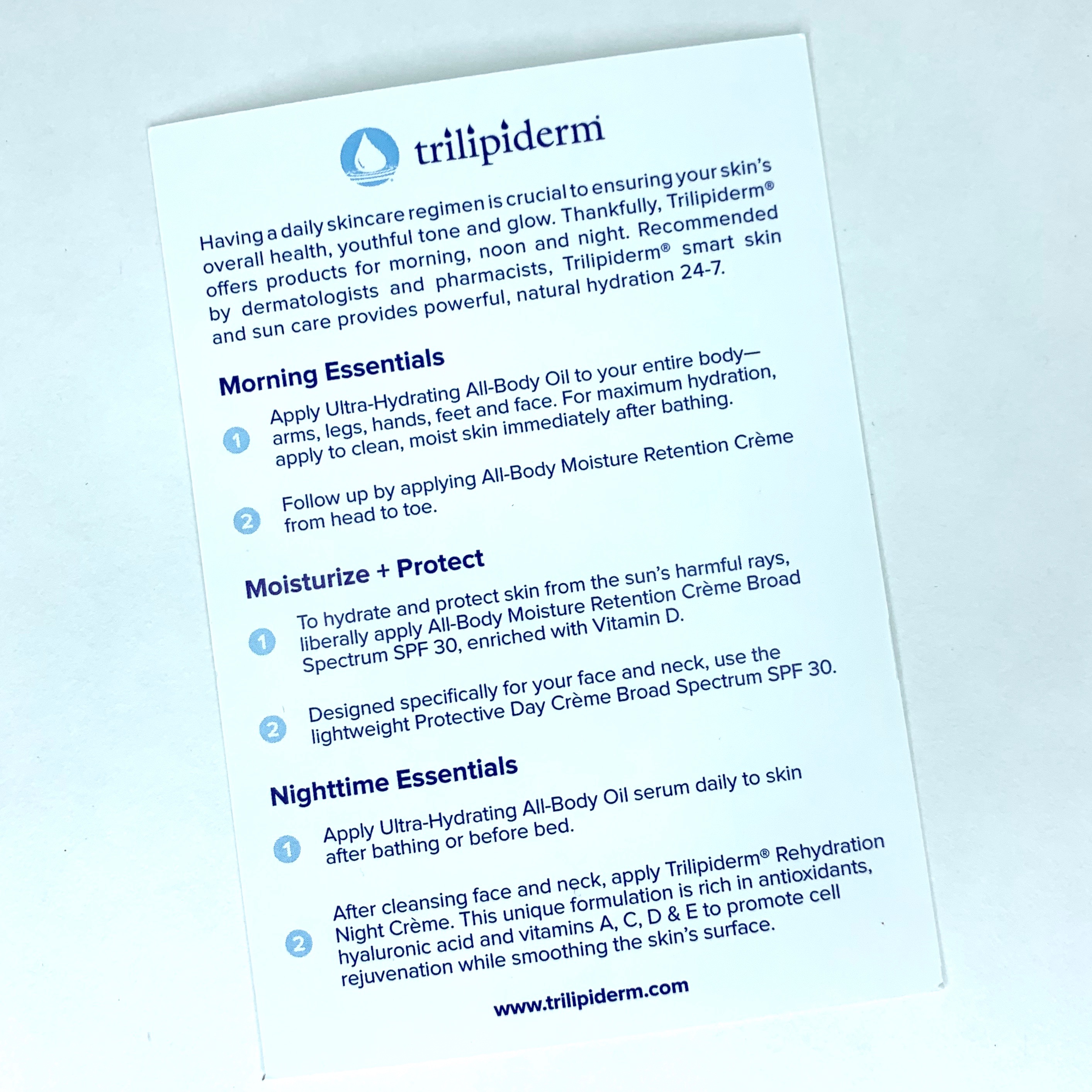 Trilipiderm Skincare Sample Card Back for Cocotique May 2020