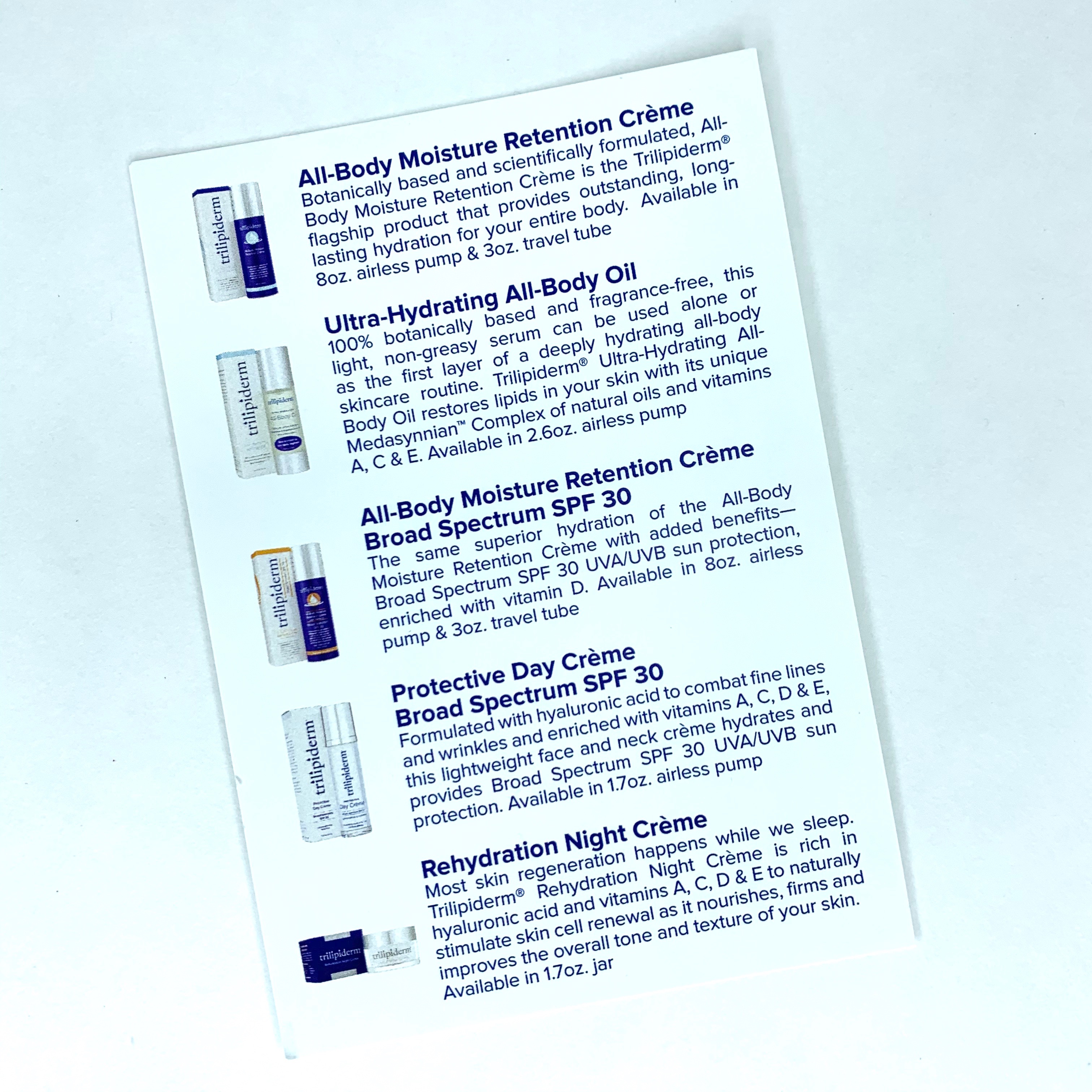 Tripiliderm Skincare Sample Card Front for Cocotique May 2020