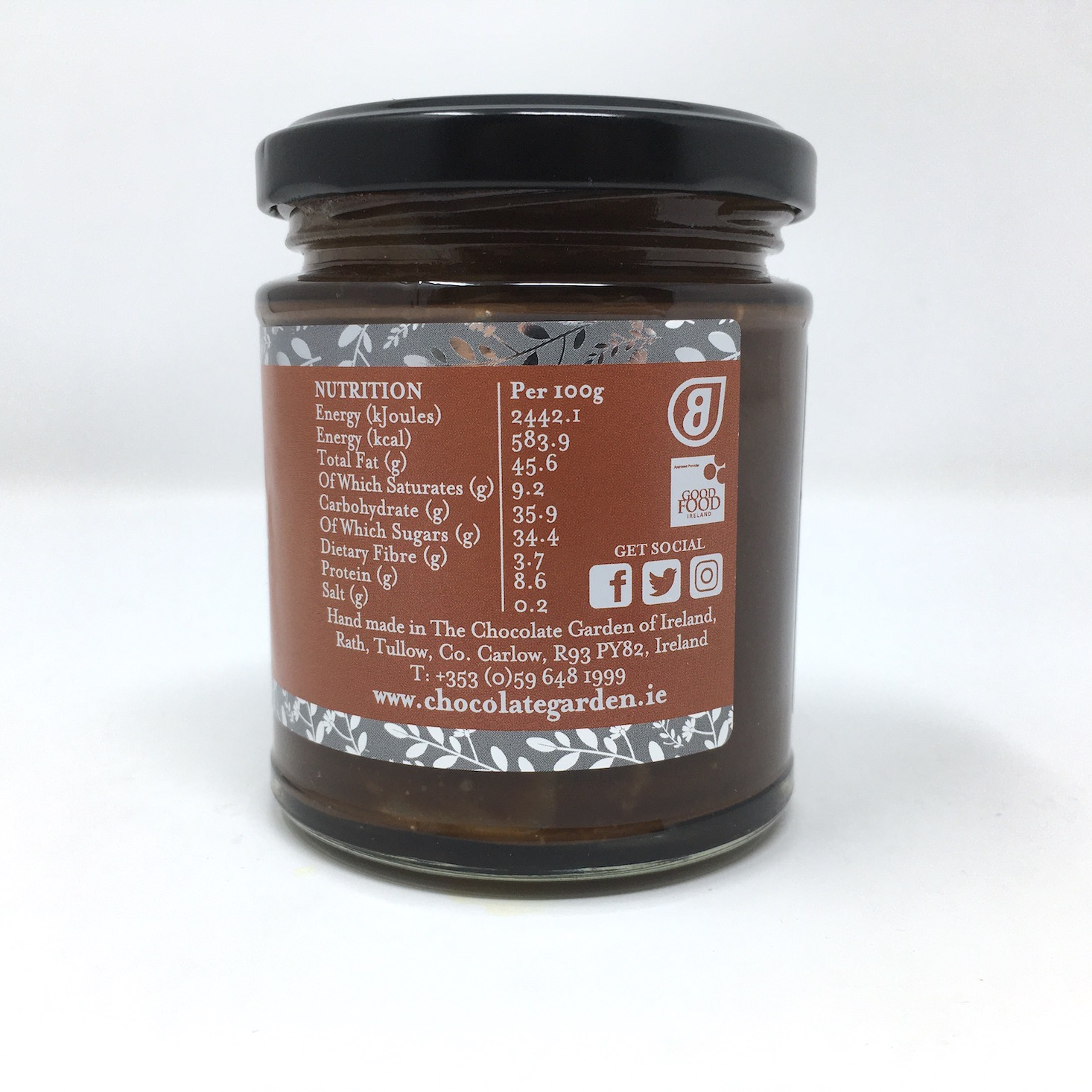 chocolate garden of ireland chocolate hazelnut spread jar side label nutritional facts