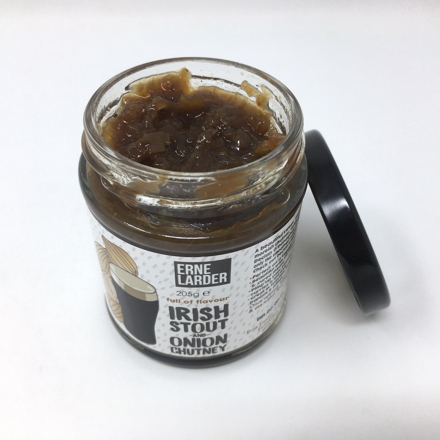 erne larder irish stout and onion chutney jar open showing product consistency with lid propped on side