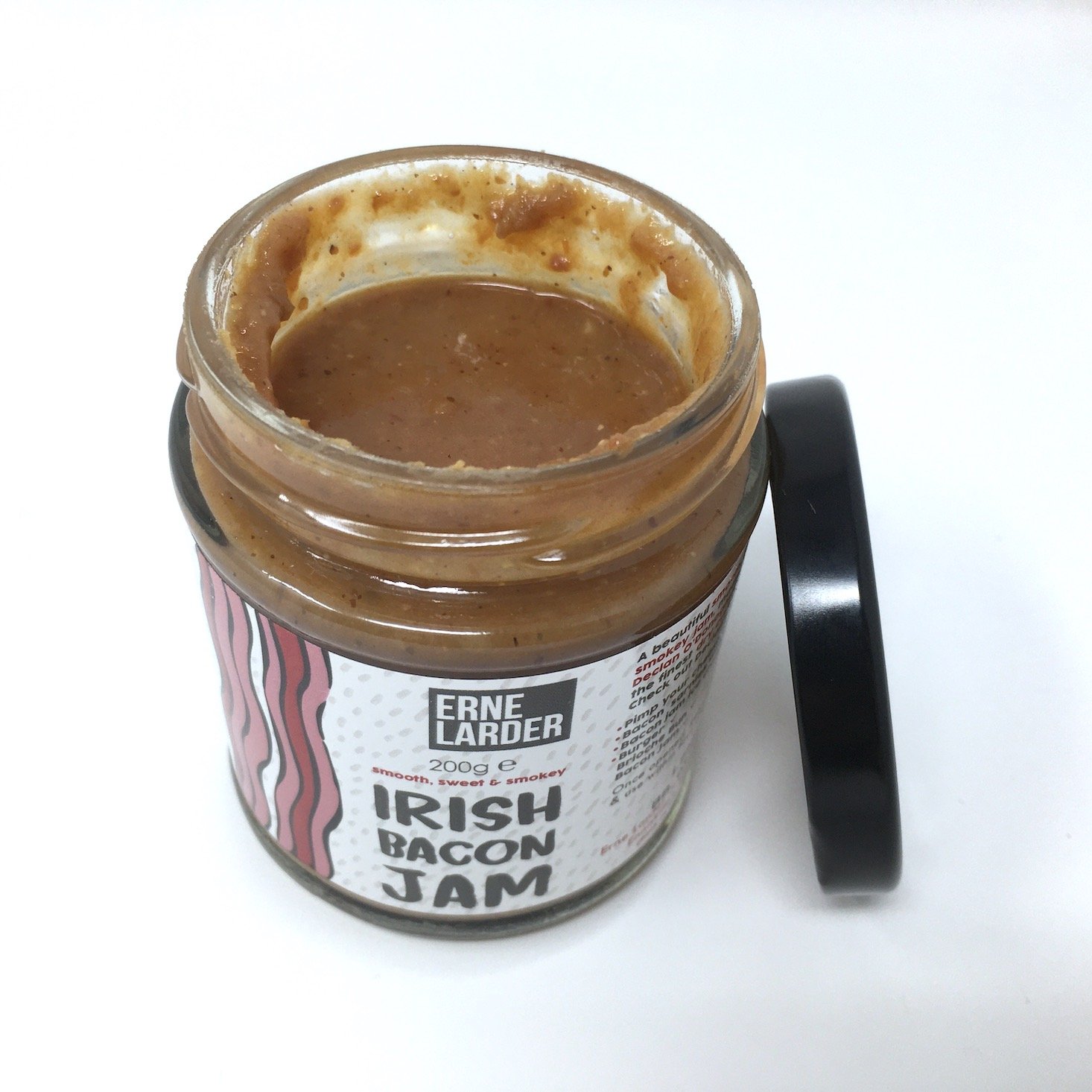 erne larder irish bacon jam opened showing product consistency with jar propped on side