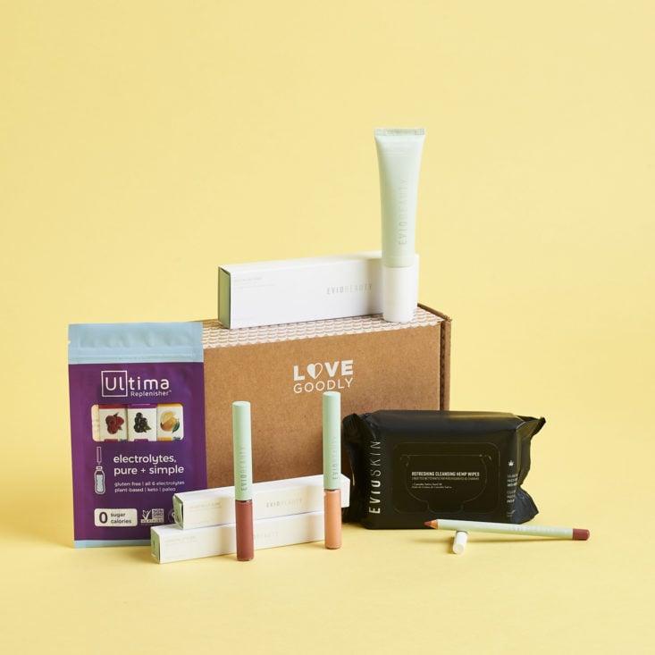 Love Goodly vegan beauty subscription with all products shown.