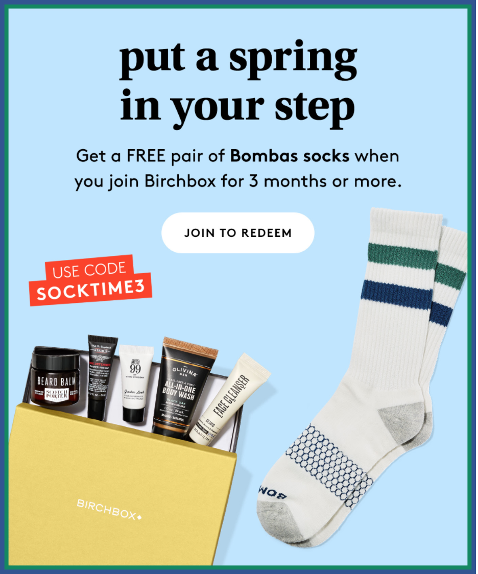 Birchbox Grooming Coupon – FREE Bombas Socks With Subscription