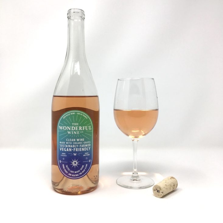 wonderful wine co rosé poured glass next to bottle and cork
