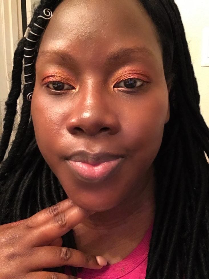 Boxycharm Tutorial July 2020 _ Picture Of The Gold Shade On My Inner Eye Area ( Two Fingers Under Chin)