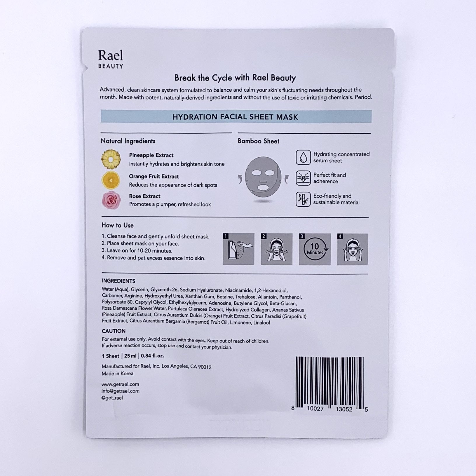 Rael Hydration Facial Sheet Mask Back for Cocotique July 2020