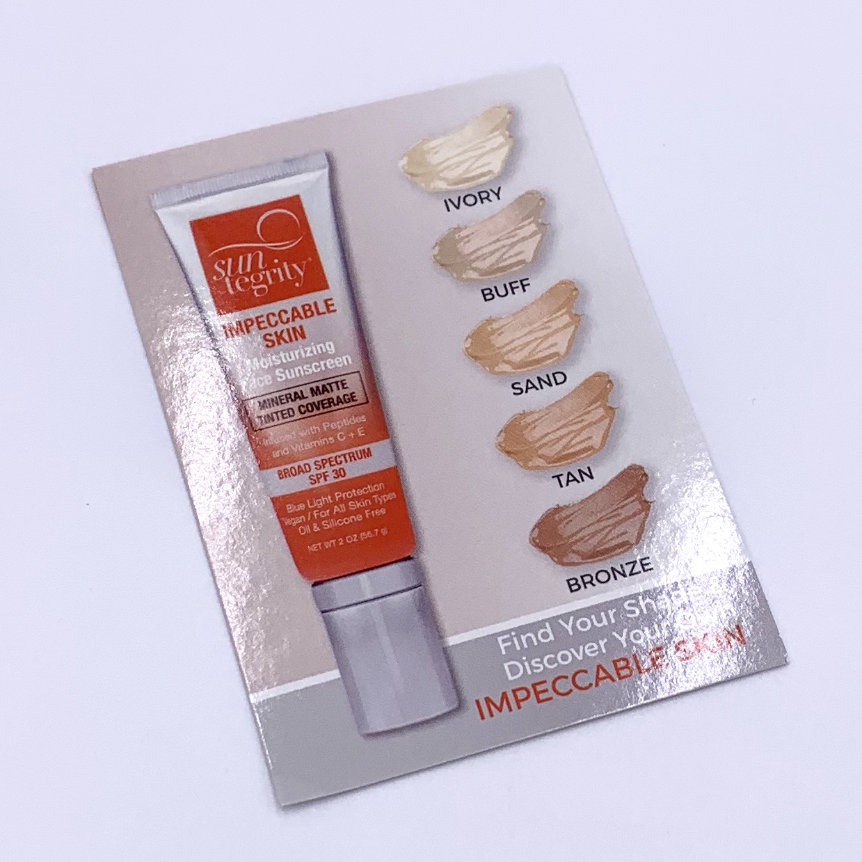 Suntegrity Tinted Impeccable Skin Sunscreen SPF 30 Card Front for Cocotique July 2020