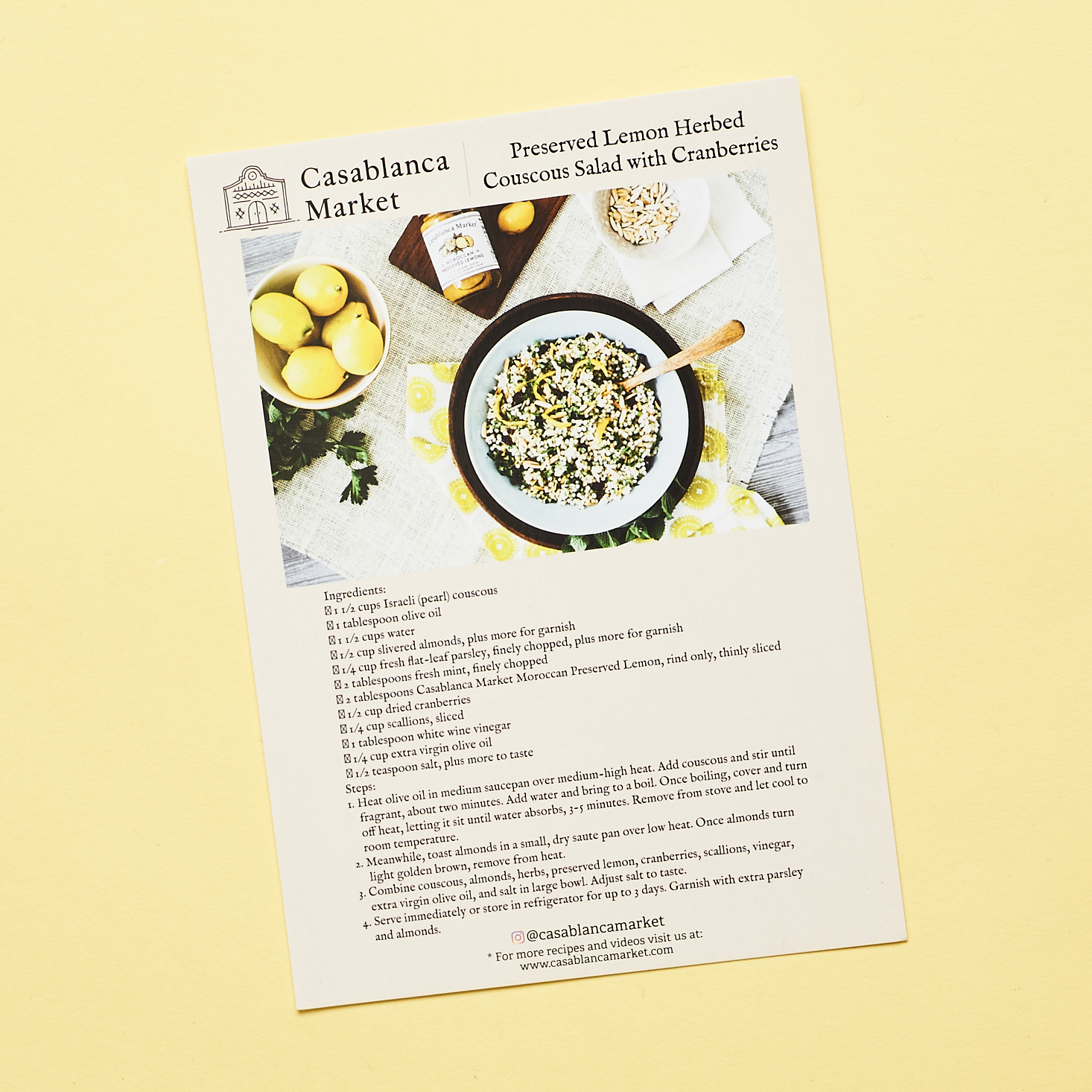 Recipe card for Preserved Lemon Herbed Couscous Salad with Cranberries.