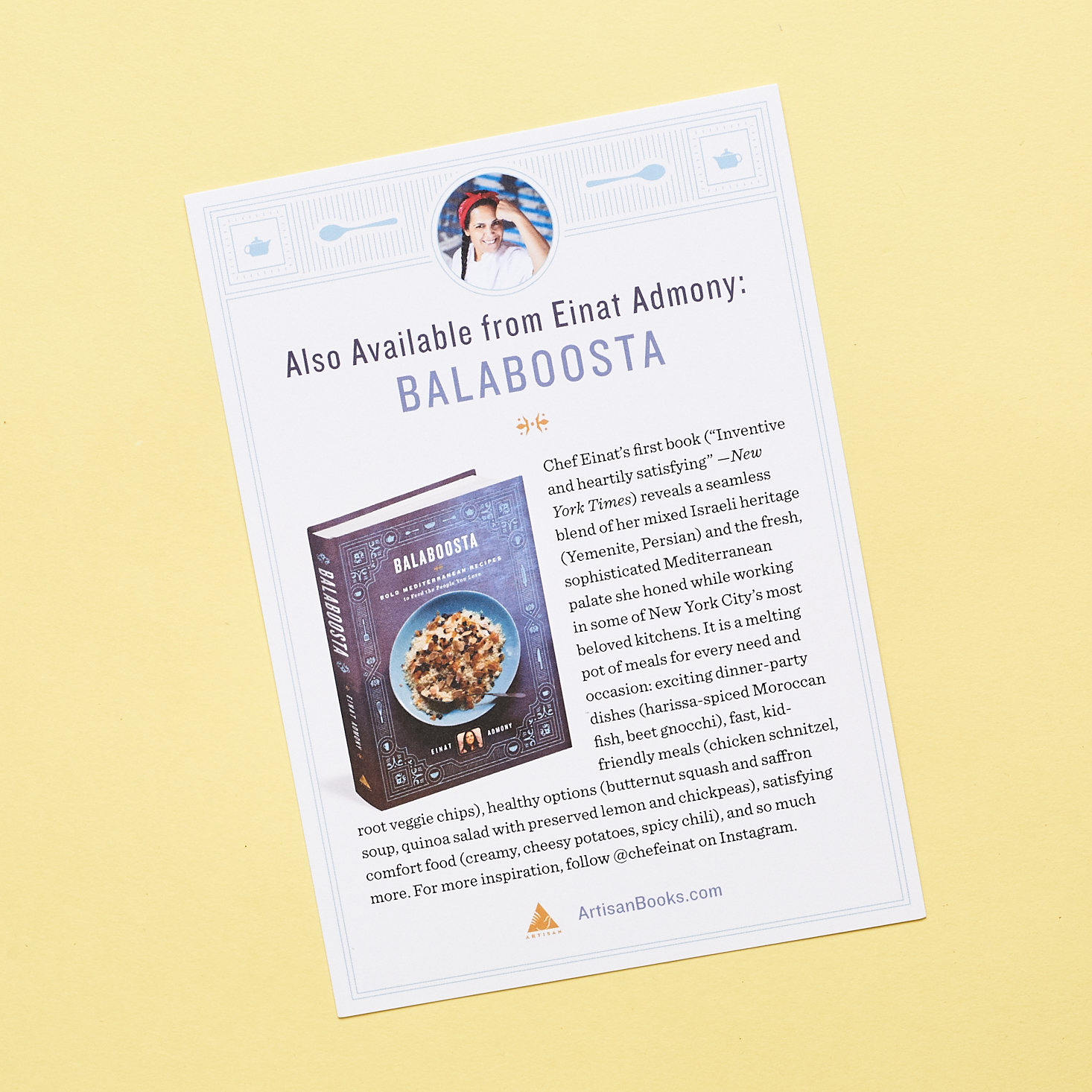Info card for another Einat Admony cookbook, Balaboosta