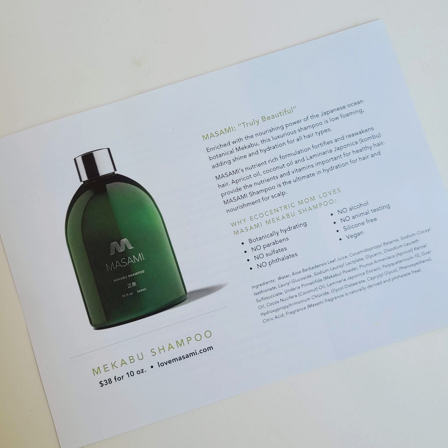 Ecocentric Moms Box June 2020 shampoo info card