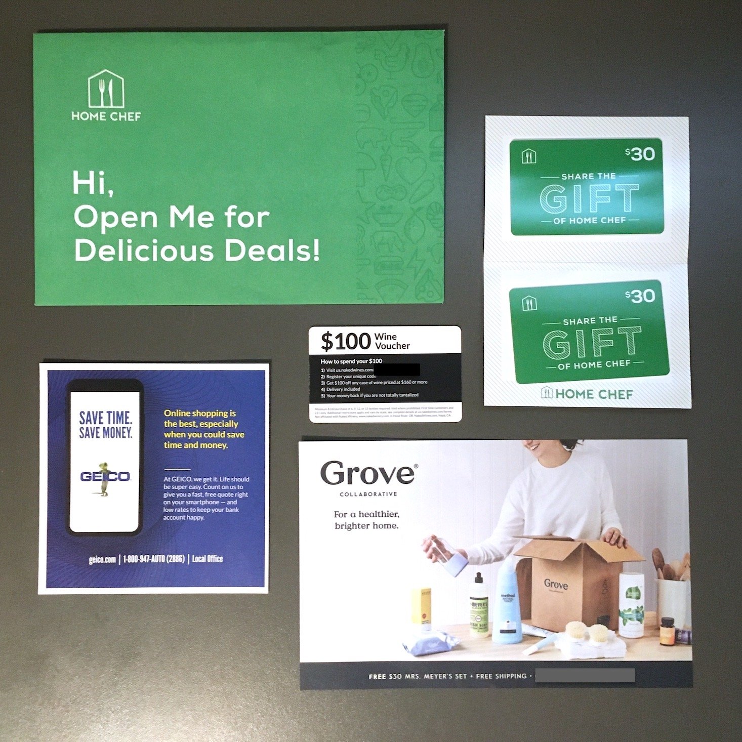 contents of delicious deals envelope showing brand promos