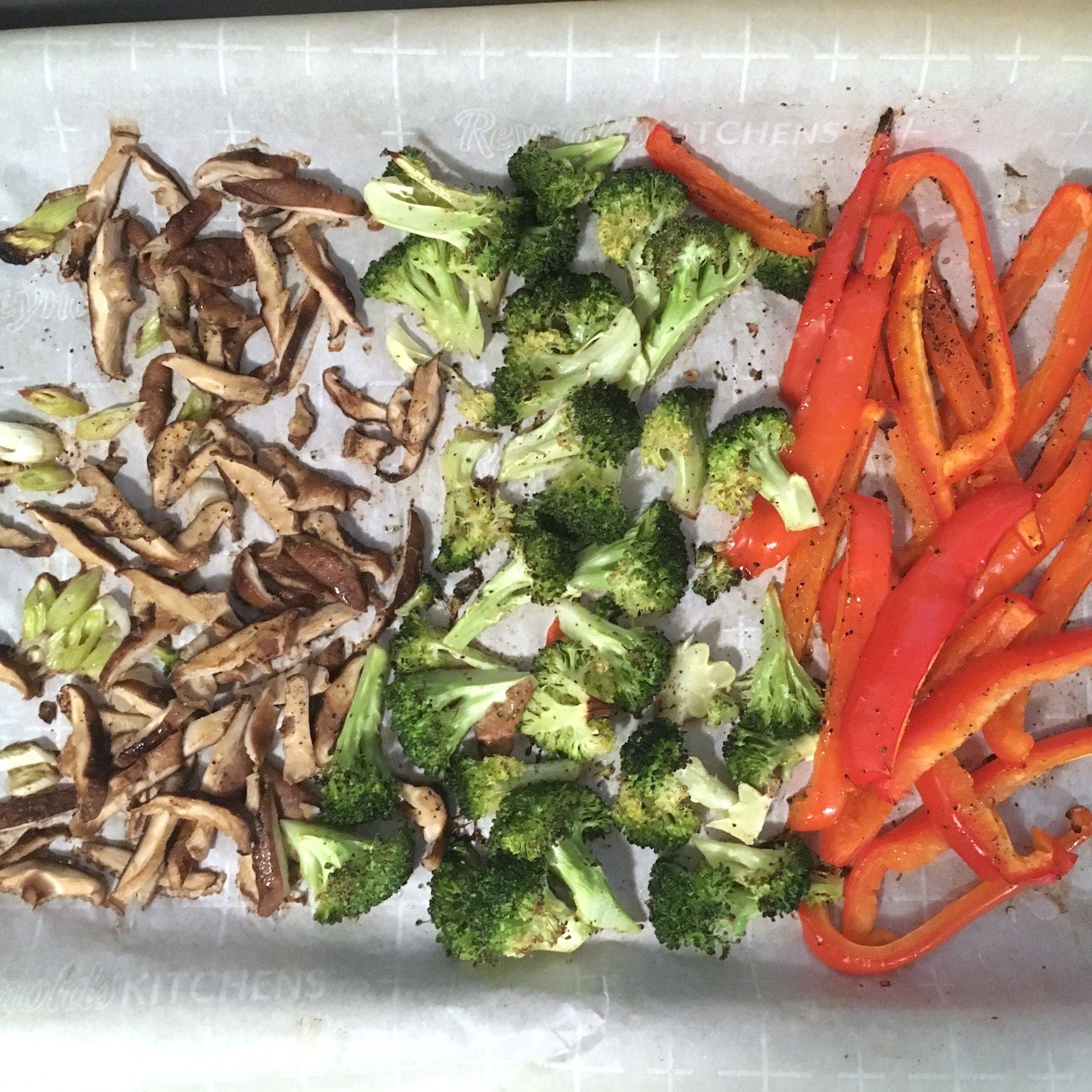 teriyaki noodles roasted veggies on a baking sheet