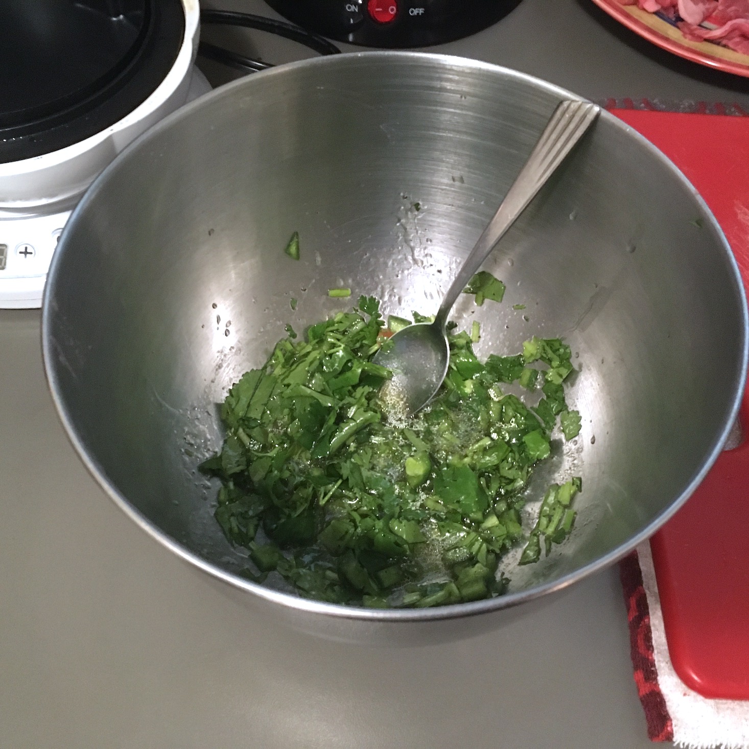 steak flatbread chimichurri sauce in bowl