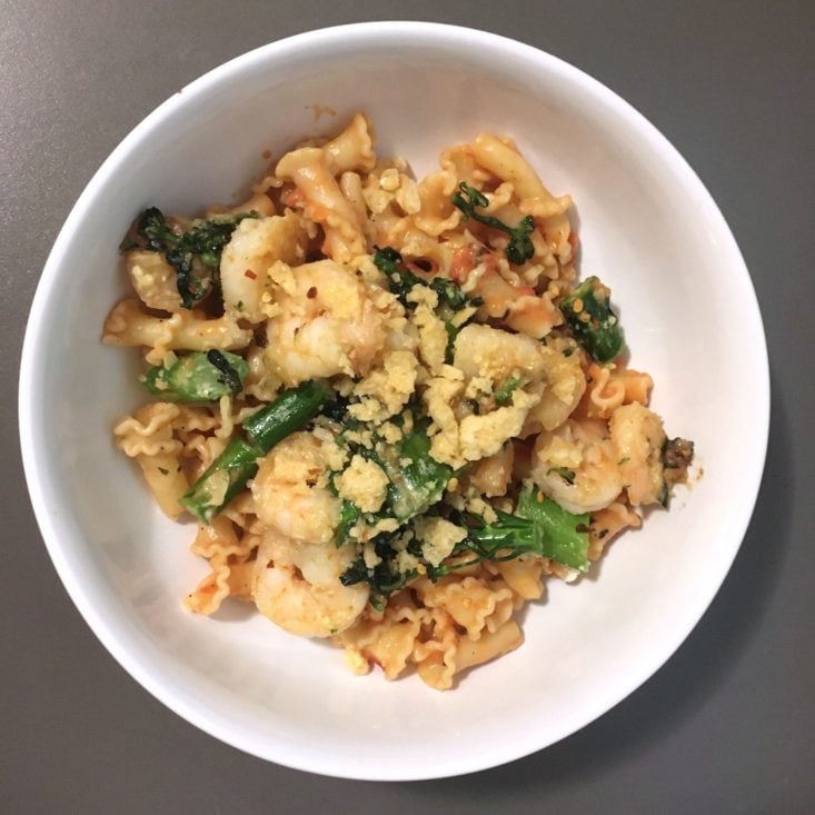 tomato shrimp pasta plated top view