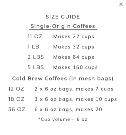 Driftaway Coffee delivery size guide.