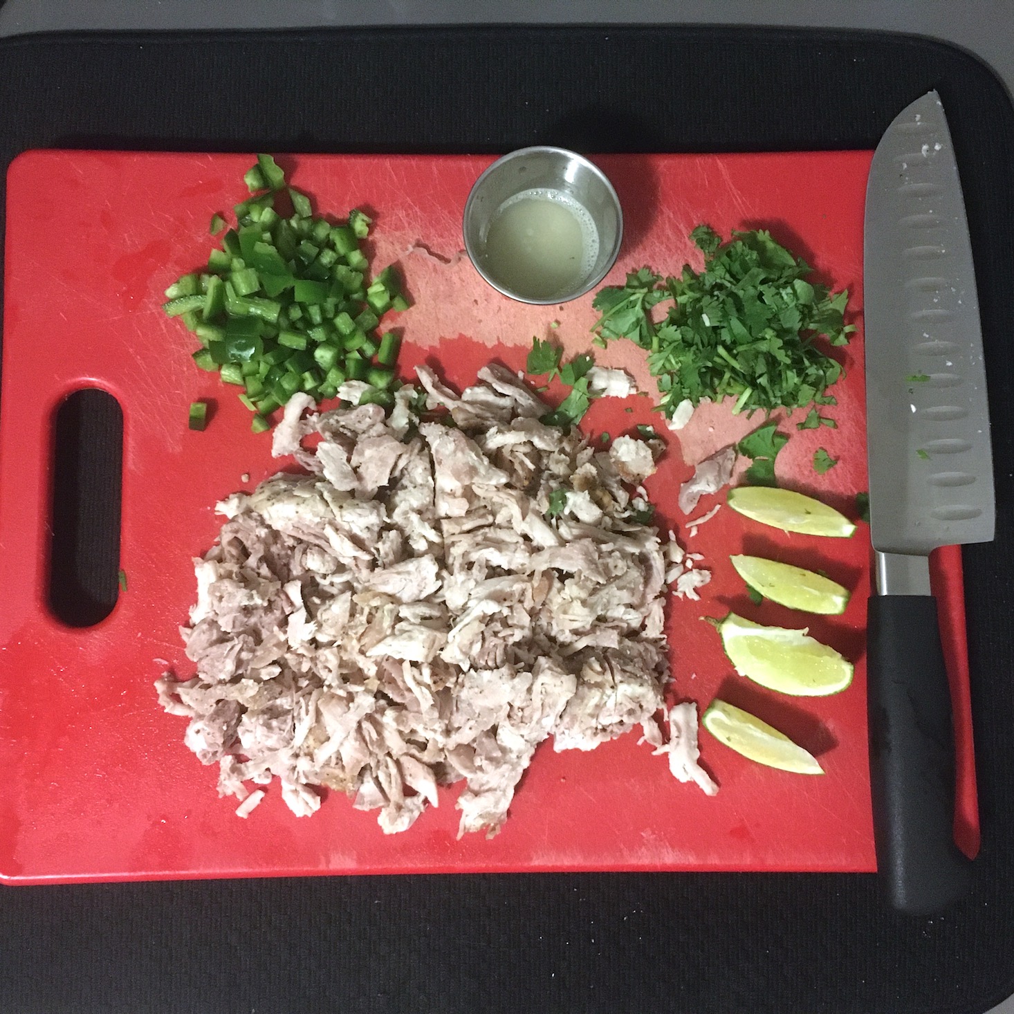 pork bowl prep work on red cutting board