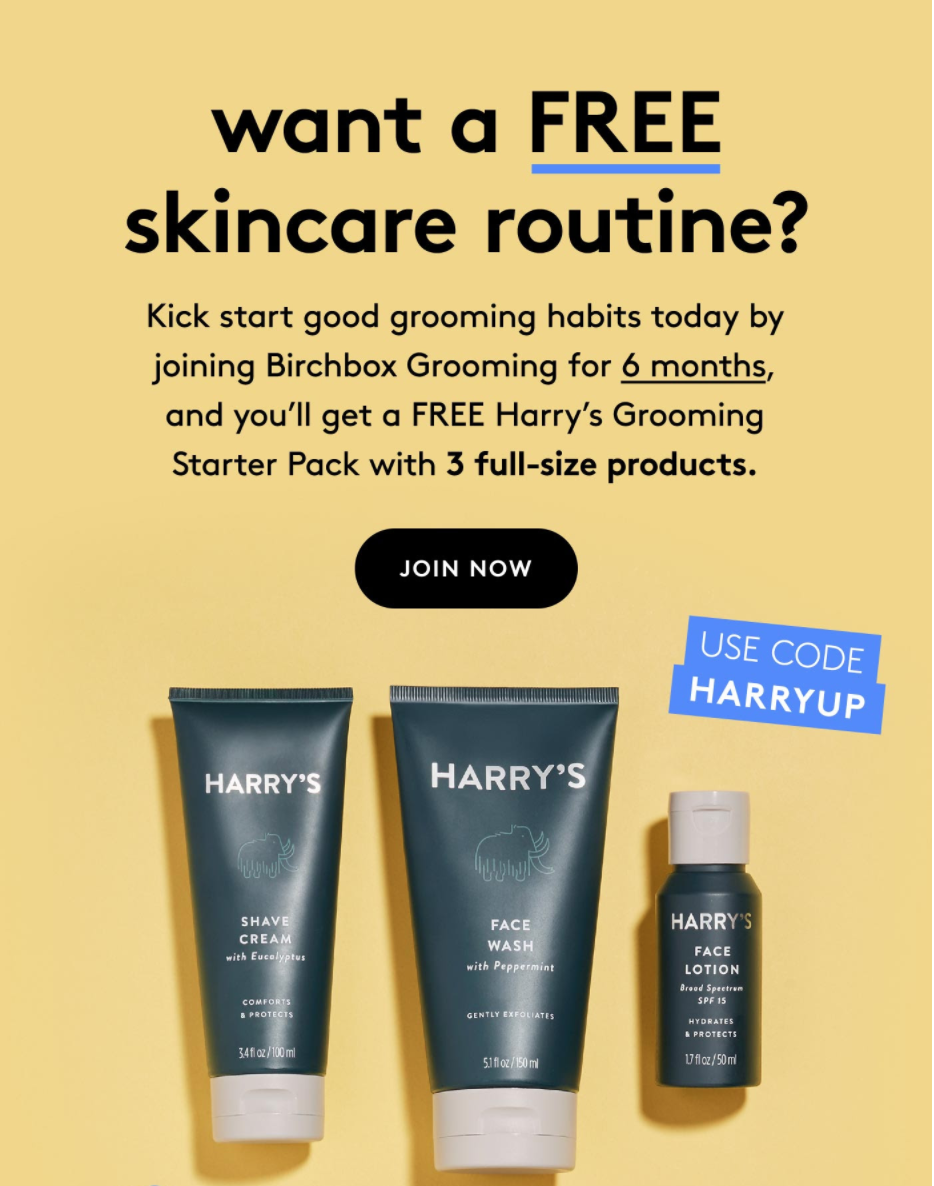 Birchbox Grooming Coupon – FREE Harry’s Grooming Starter Pack With Subscription