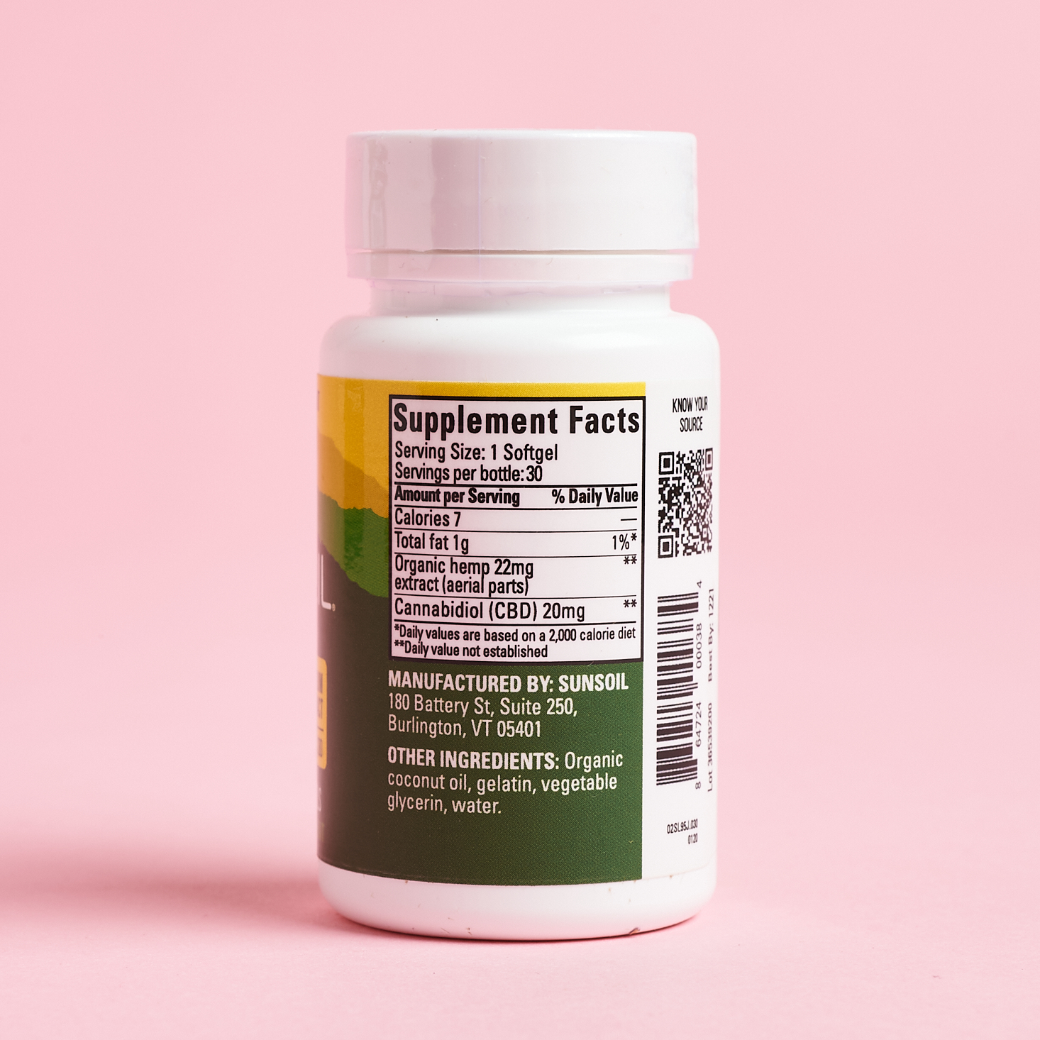 Nutrition facts for Sunsoil CBD softgels