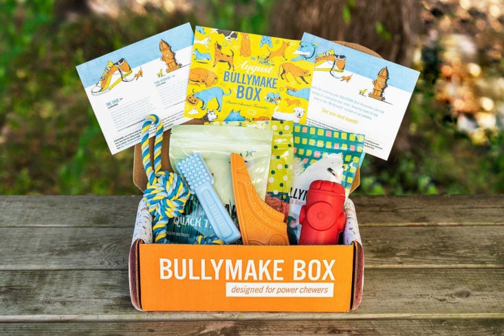 Bullymake subscription box open to show all items.