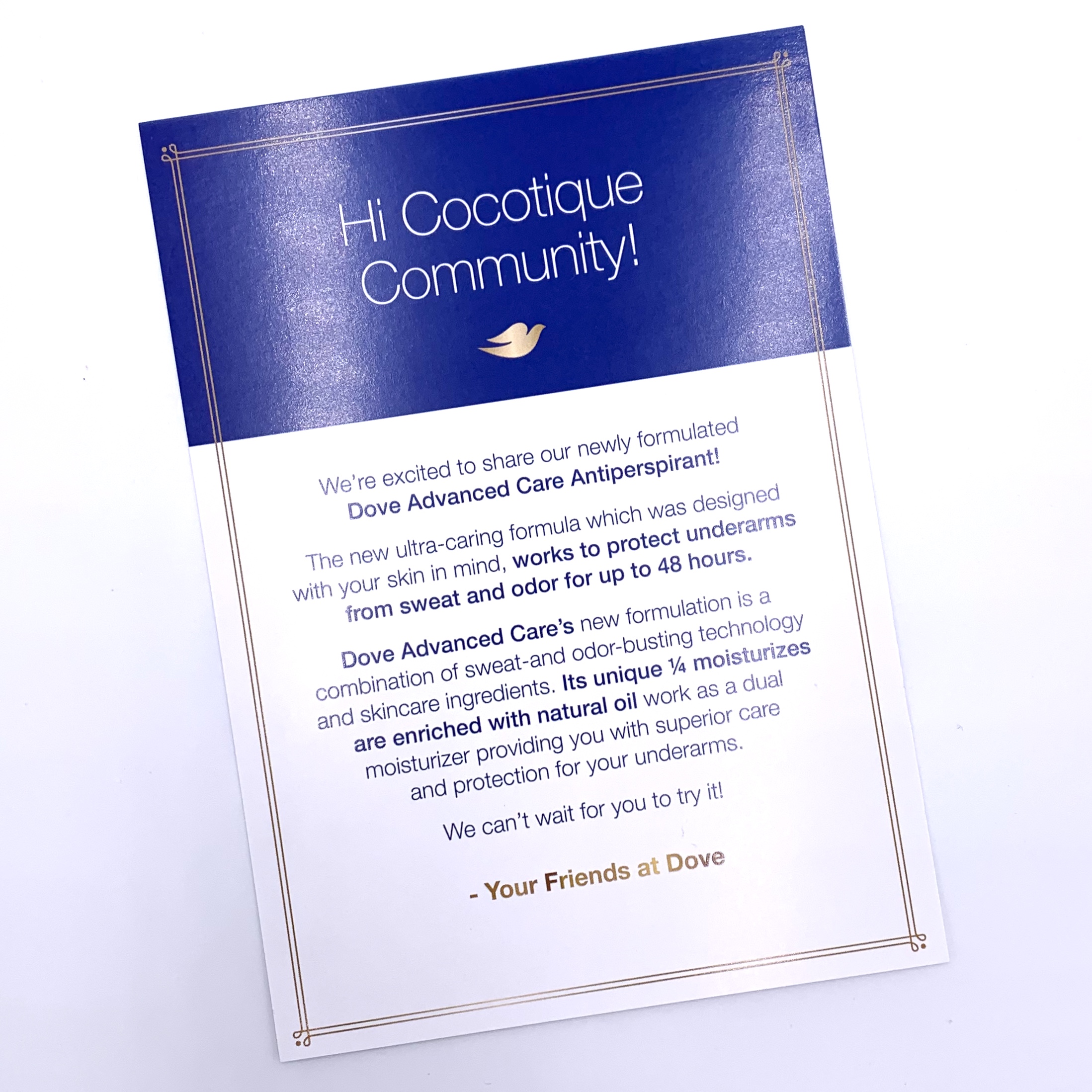 Dove New Advanced Care Antiperspirant - Dry Spray Card Back for Cocotique September 2020