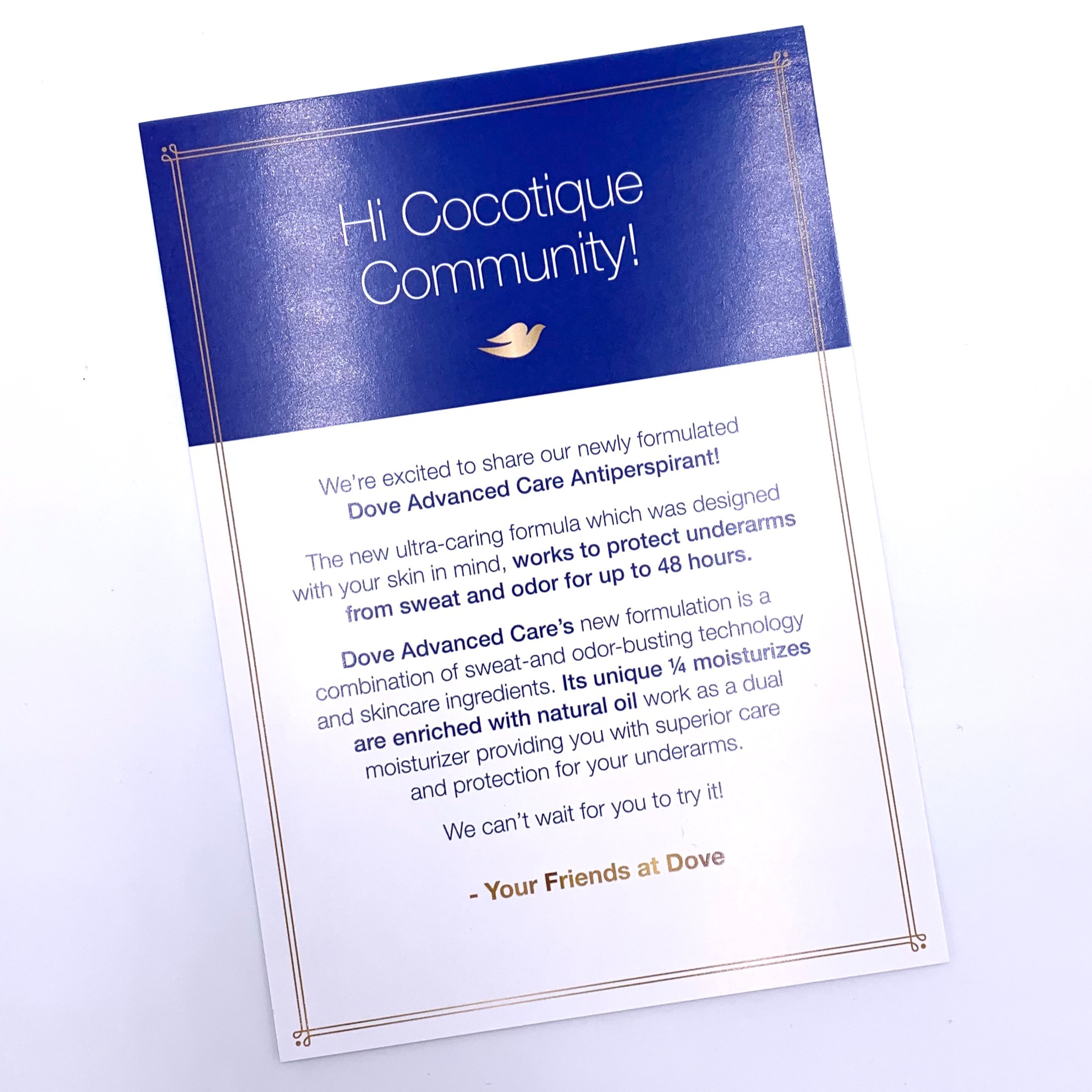 Dove New Advanced Care Antiperspirant - Dry Spray Card Back for Cocotique September 2020