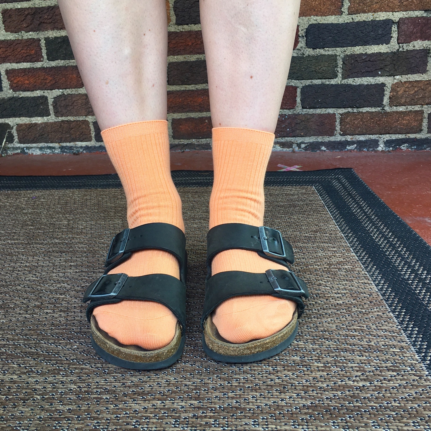 Frank and Oak September 2020 orange socks with sandles