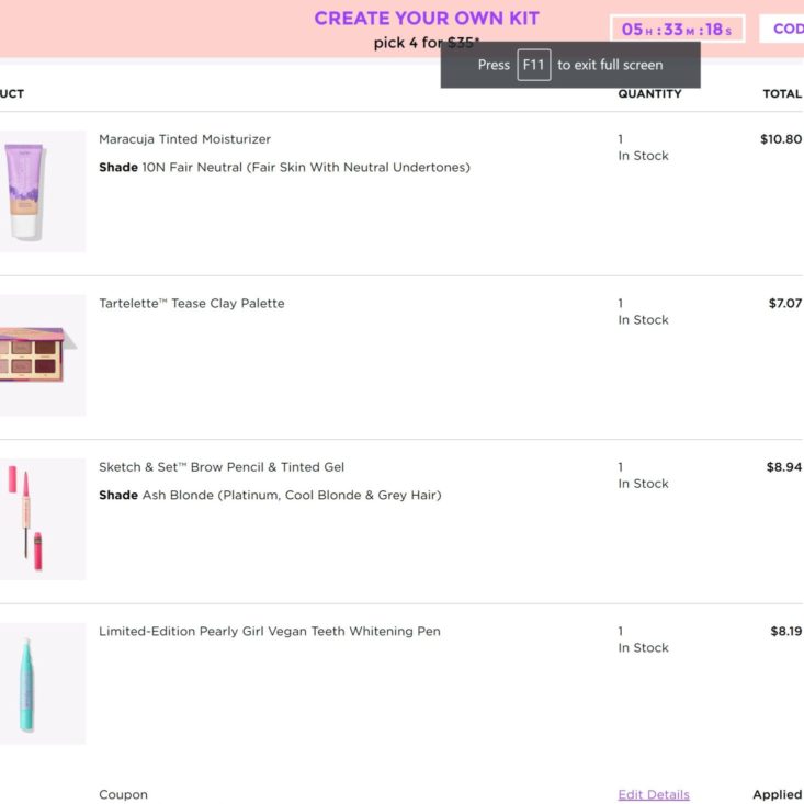 Tarte Create Your Own Kit August 2020 receipt