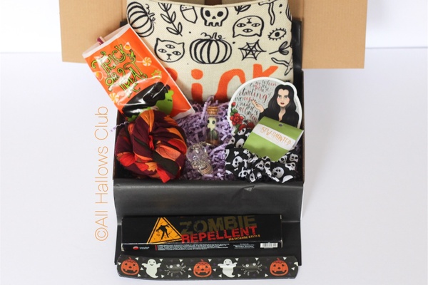Open box showing contents of All Hallows Club subscription.