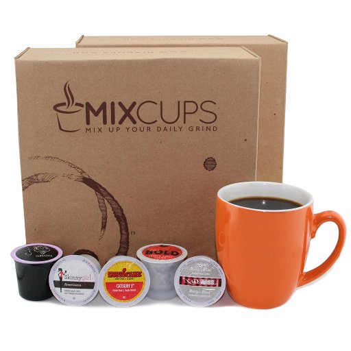 MixCups box with pods and mug of coffee shown.