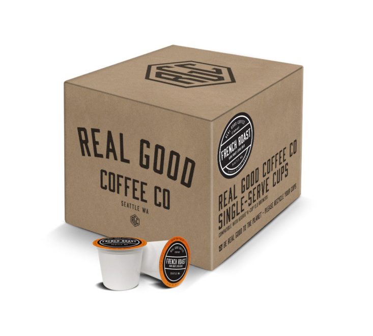 Real Good Coffee Co. box with pods shown.