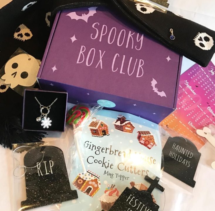 Spooky Box Club box surrounded by contents.