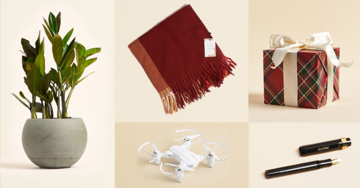 Best subscription boxes for the person who has everything: A banner including images of a houseplant, scarf, drone, present, and pen.