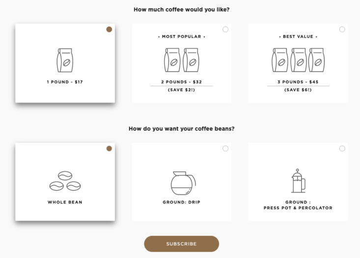 Choices when you sign up for a Peet's subscription