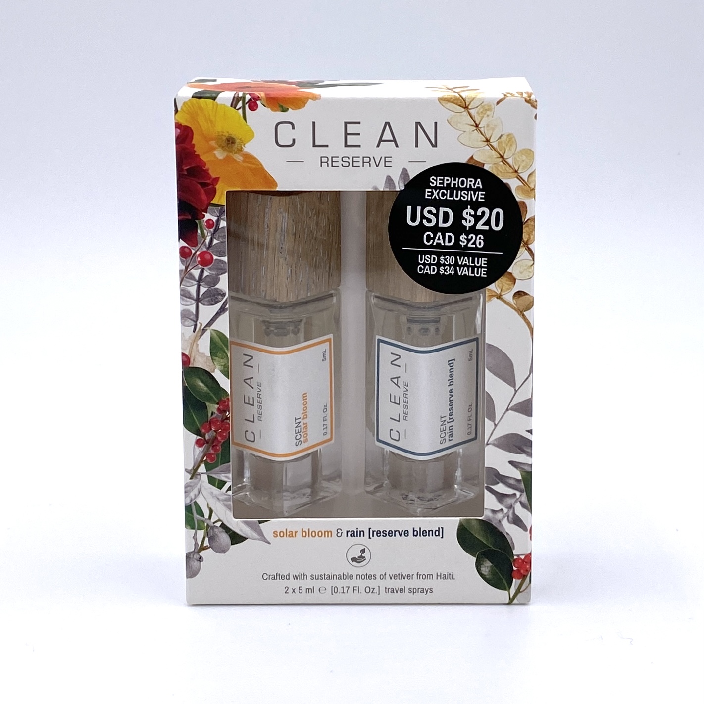 Clean Beauty Collection Clean Reserve Best Sellers Duo Fragrance Set - Solar Bloom and Rain (Reserve Blend) Box Front for Cocotique October 2020