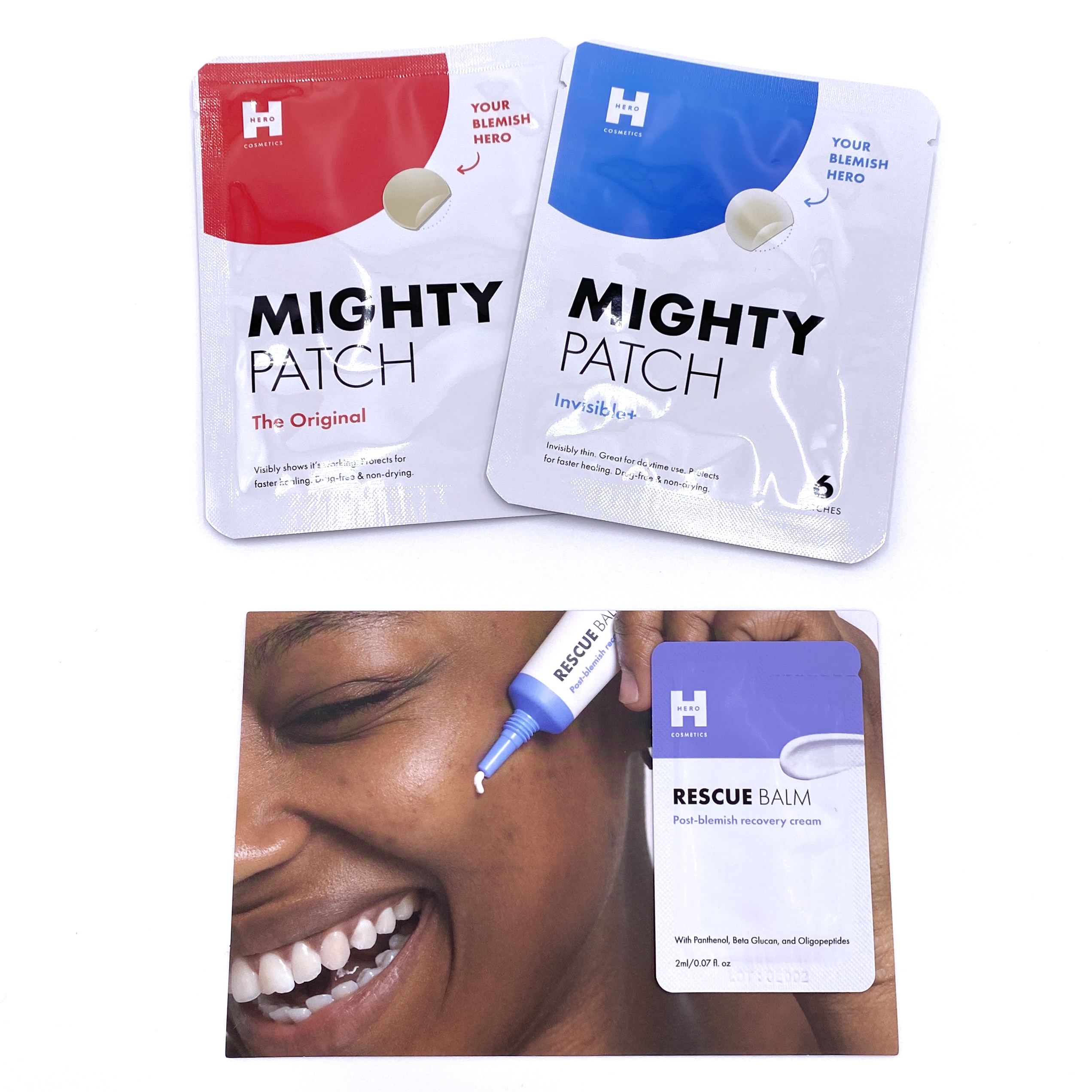 Hero Cosmetics Invisible+, Mighty Patch The Original, Rescue Balm Maskne Bundle Front for Cocotique October 2020