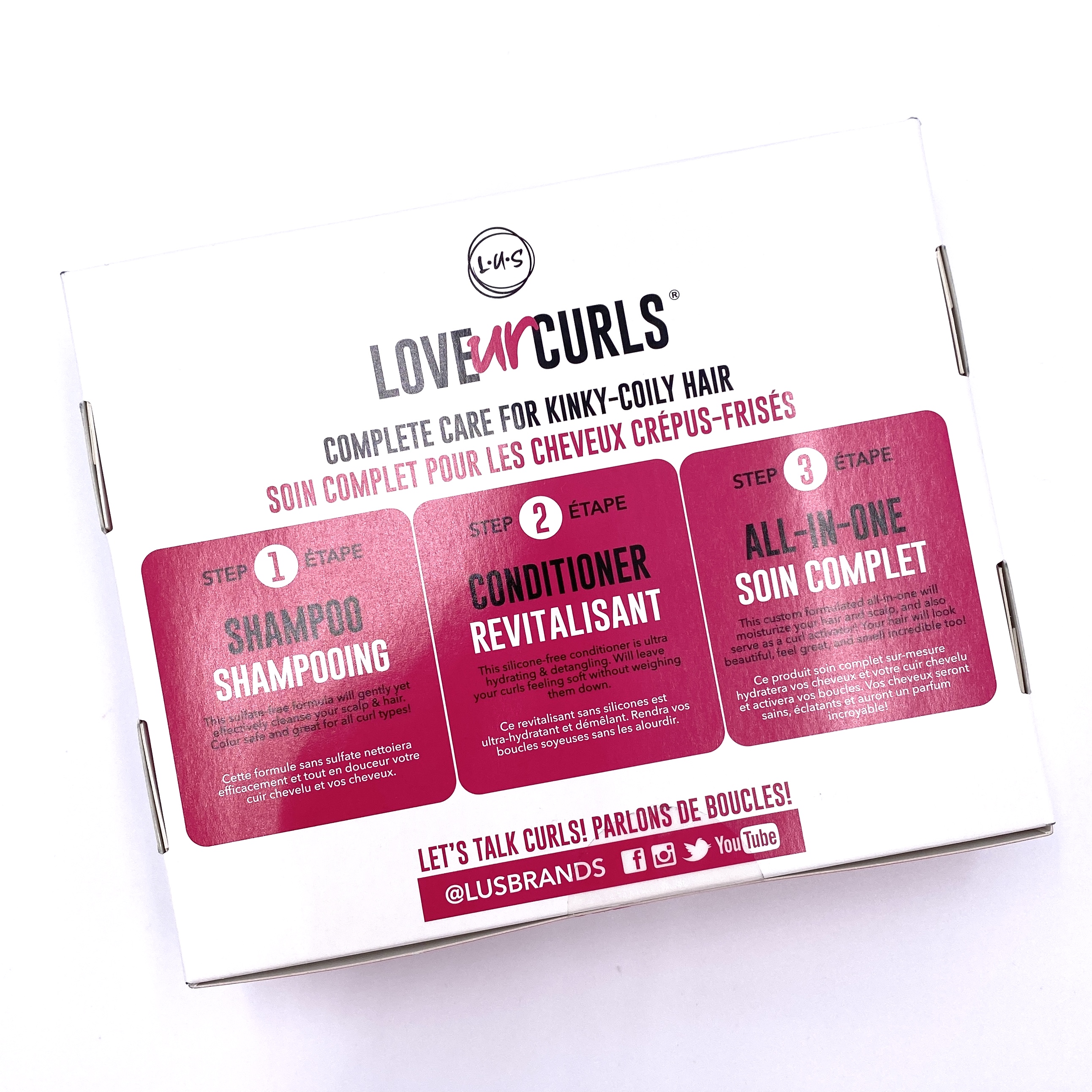 LUS Brands Kinky Curly 3-Step System - Shampoo, Conditioner, All-in-One Styler Box Back for Cocotique October 2020