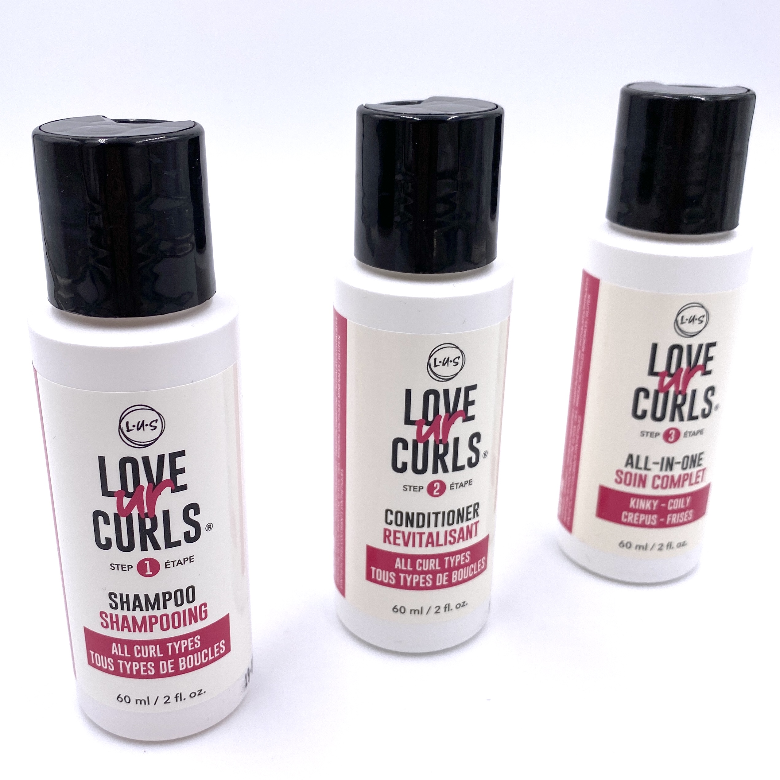 LUS Brands Kinky Curly 3-Step System - Shampoo, Conditioner, All-in-One Styler Front for Cocotique October 2020