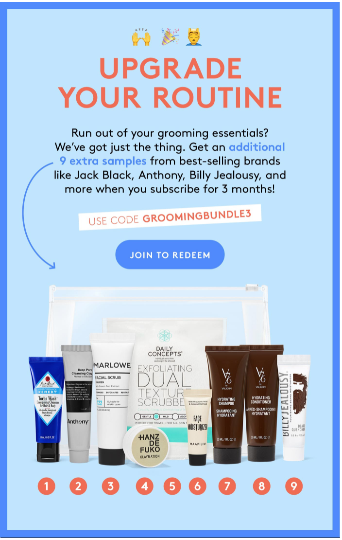 Birchbox Grooming Coupon – FREE 9-Sample Grooming Pack With Subscription