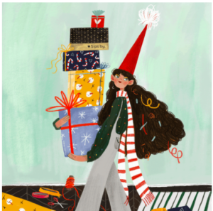 Illustration of girl holding tower of Sips by Holiday Boxes Illustration