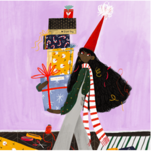 Illustration of girl holding tower of Sips by Holiday Boxes Illustration