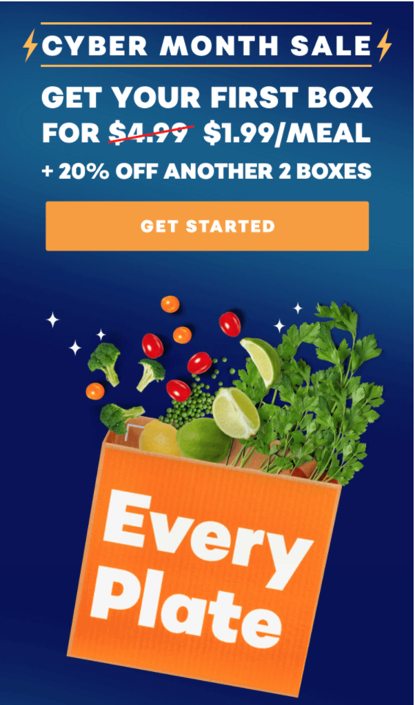 EveryPlate Cyber Month Sale – Save 60% Off First Box + 20% Off Next Two Boxes!