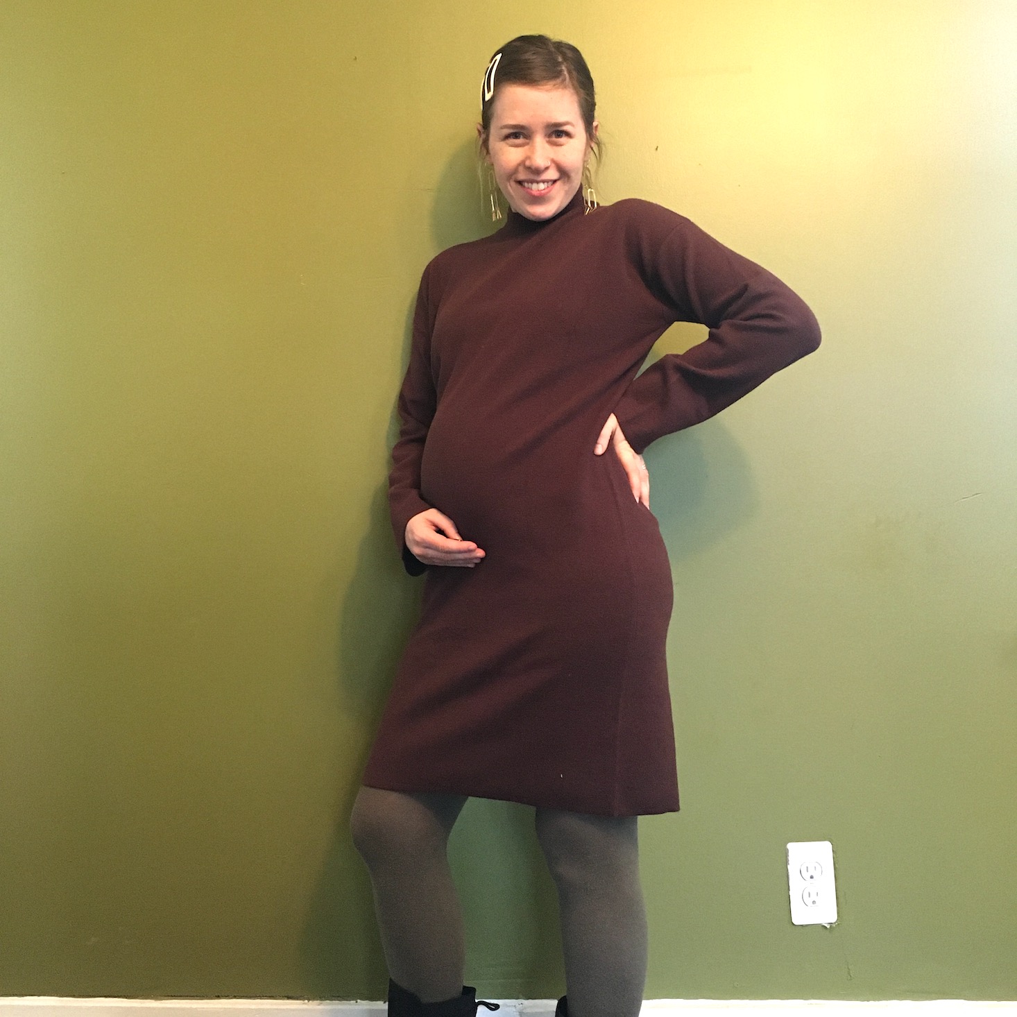 brown knit dress shown on model