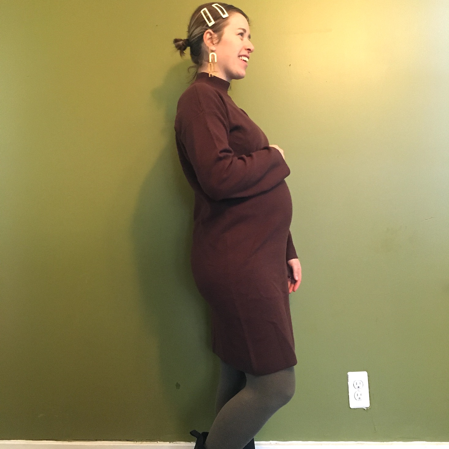 brown knit dress shown on model