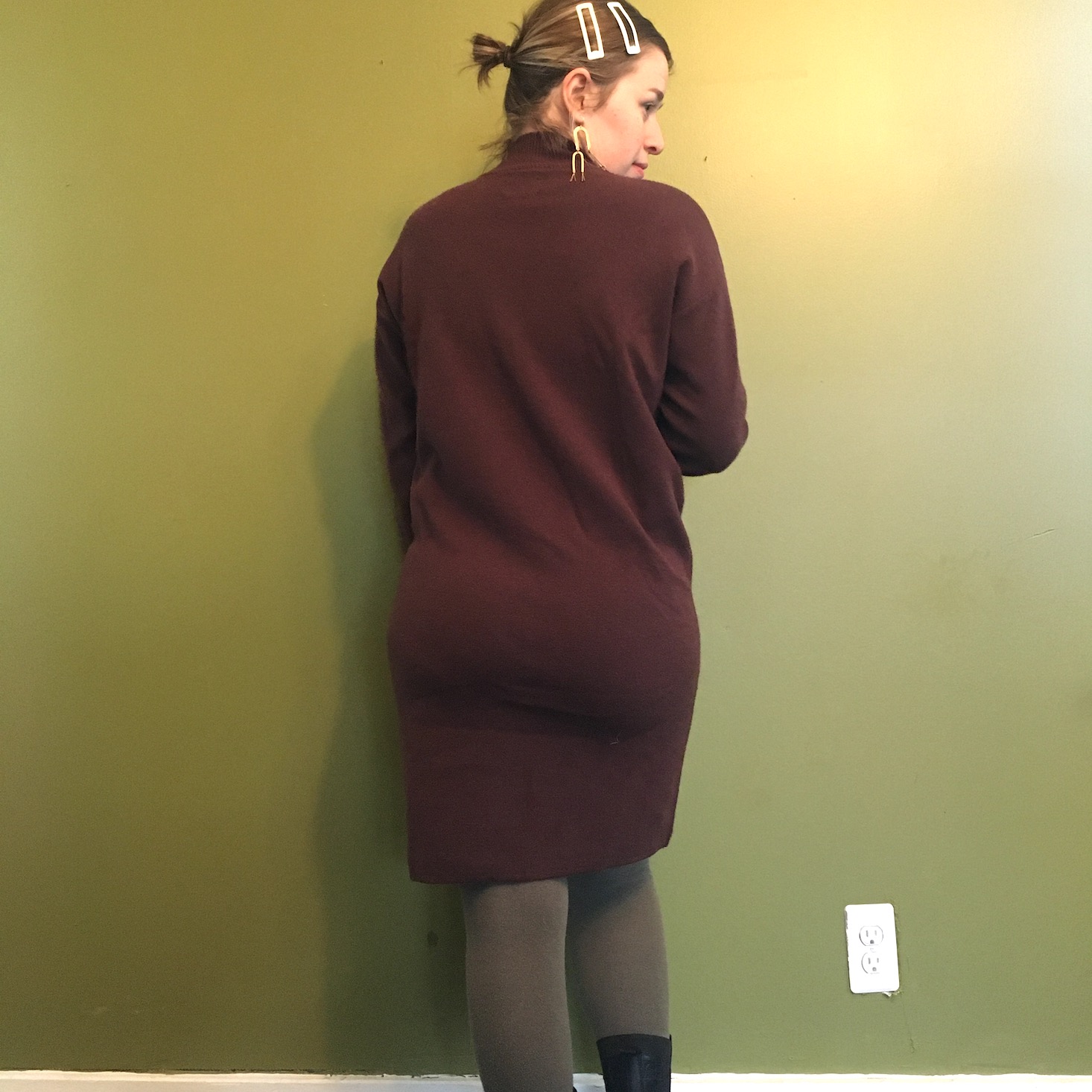 brown knit dress shown on model