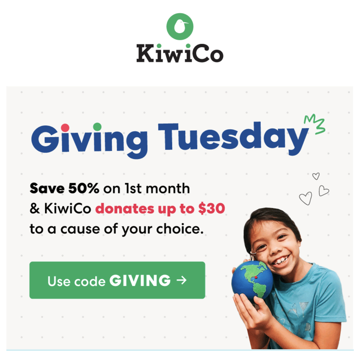 KiwiCo Giving Tuesday Offer 50 Off First Box + Up To Donated With