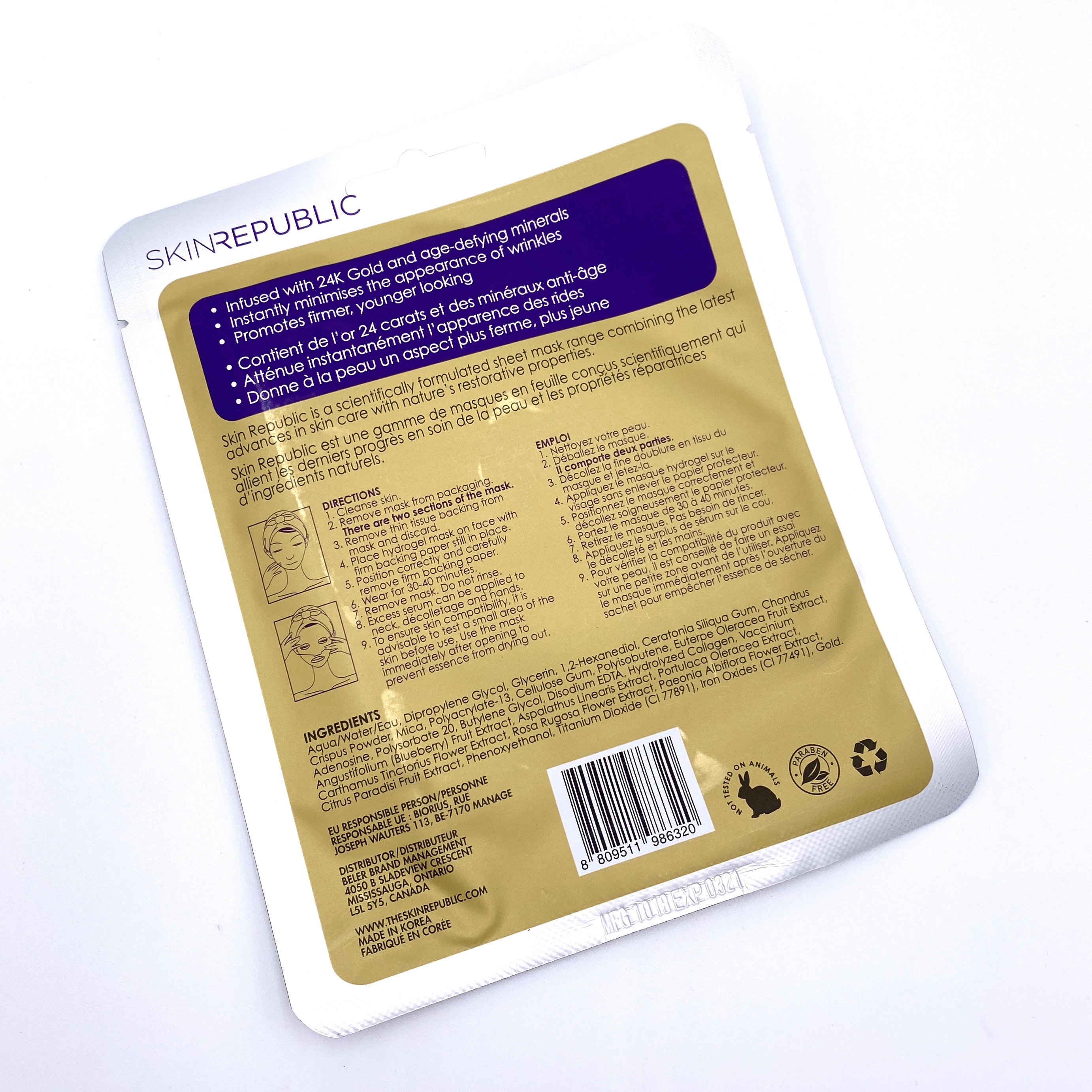 Skin Republic Gold Hydrogel Face Mask Back for Cocotique January 2021